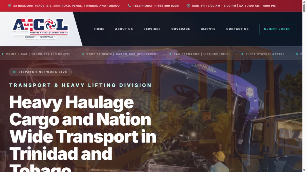 Actual mobile homepage screenshot of AMCOL Haulage & Logistics